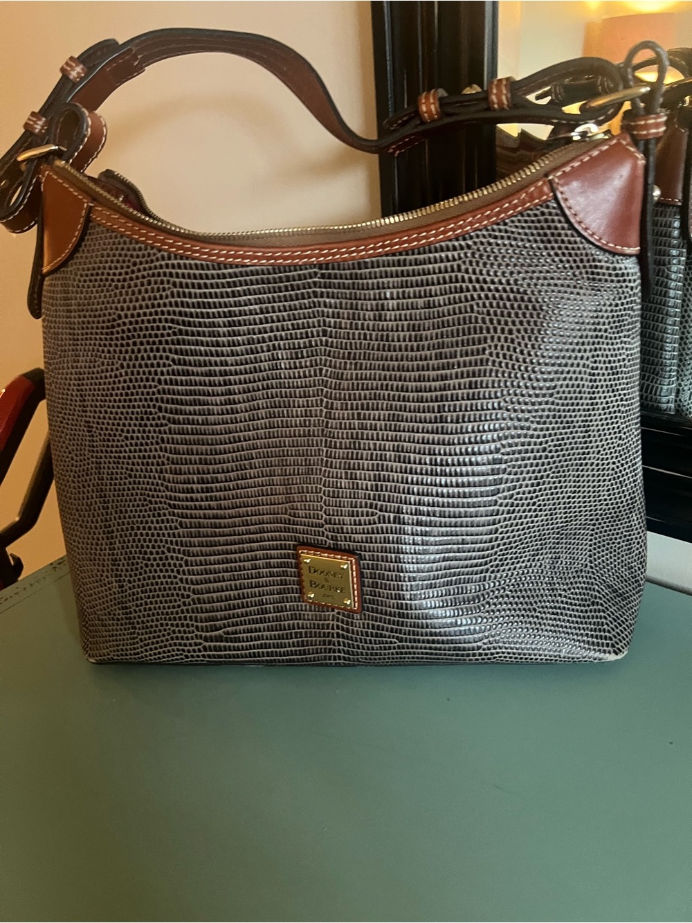 Dooney & Bourke Lizard Embossed Leather Satchel Brown Trim Shoulder Bag Classic
